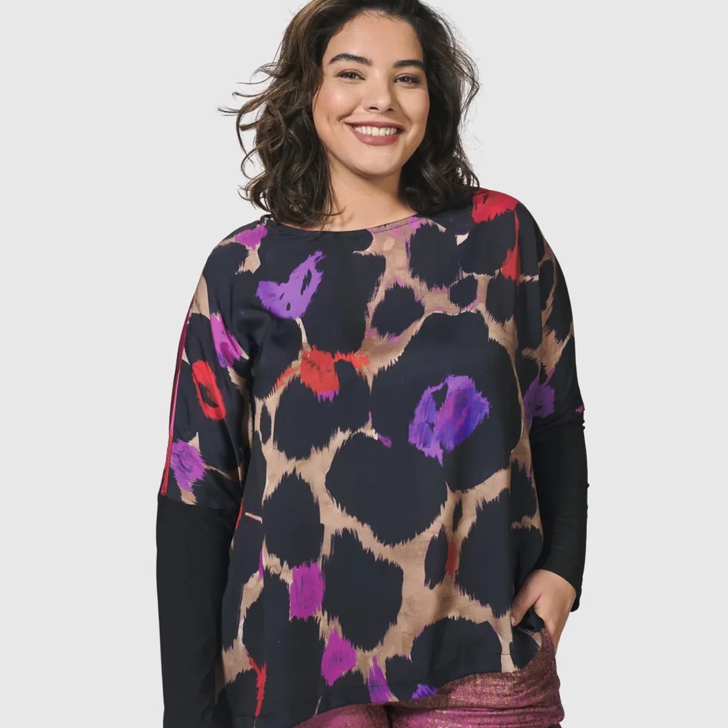 Vibrant Leopard Print Blouse With Black Sleeves
